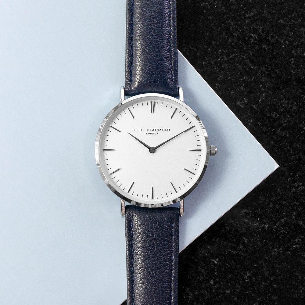 Elie Beaumont Ladies Personalised Leather Watch In Navy & Silver