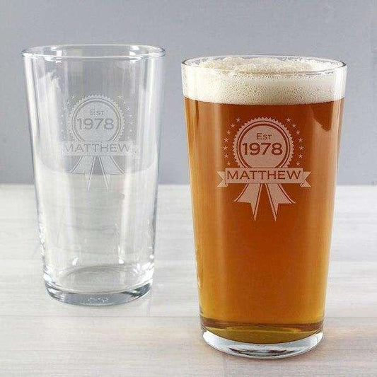 Personalised Established Rosette Pint Glass - Myhappymoments.co.uk