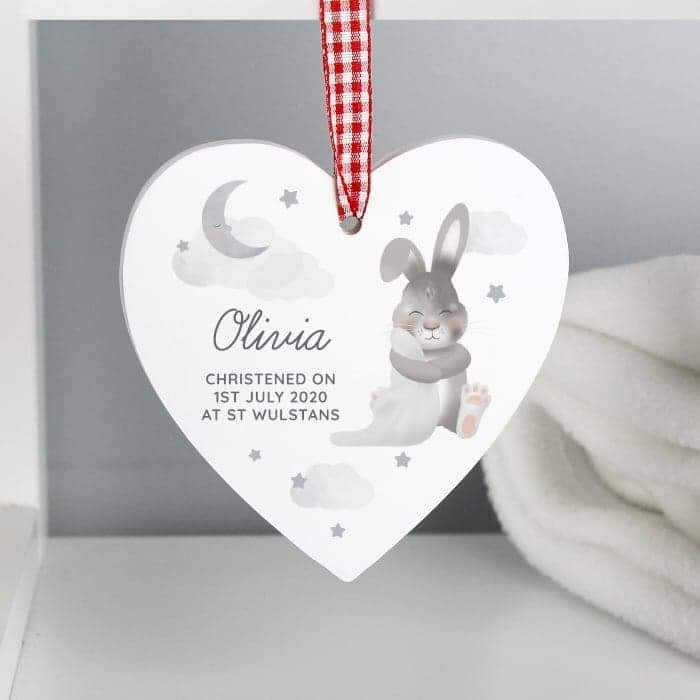 Personalised Baby Bunny Wooden Heart Decoration - Myhappymoments.co.uk