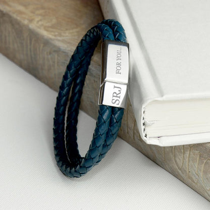 Personalised Men's Dual Leather Woven Bracelet in Teal