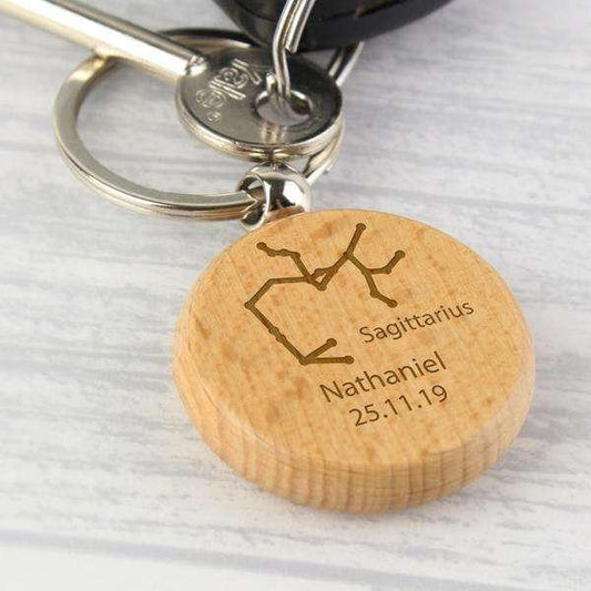 Personalised Sagittarius Zodiac Star Sign Wooden Keyring (November 22nd - December 21st) - Myhappymoments.co.uk