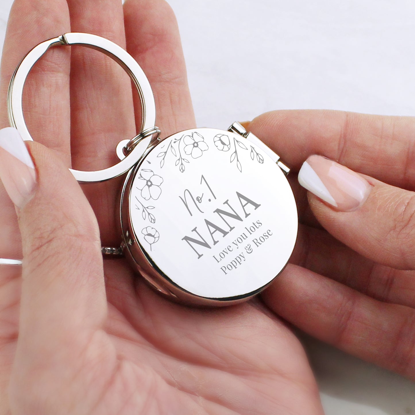 Personalised Floral Round Photo Locket Frame Keyring