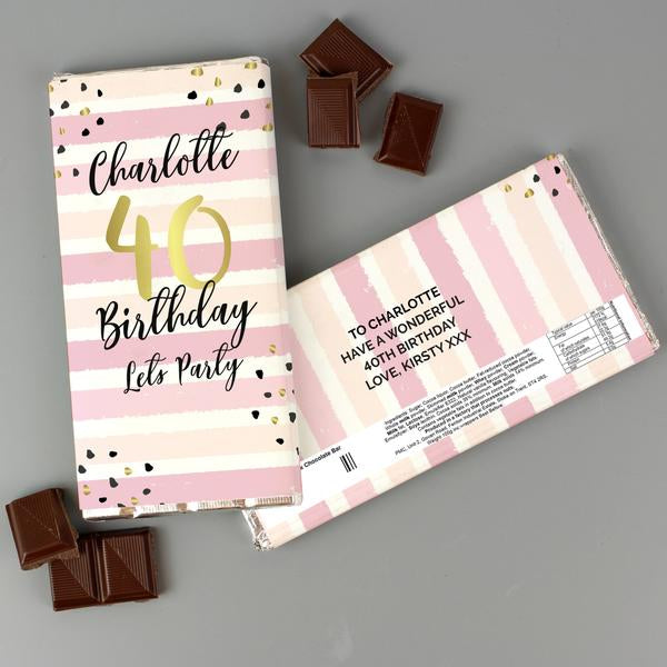 Personalised Birthday Gold and Pink Stripe Milk Chocolate Bar from Pukkagifts.uk