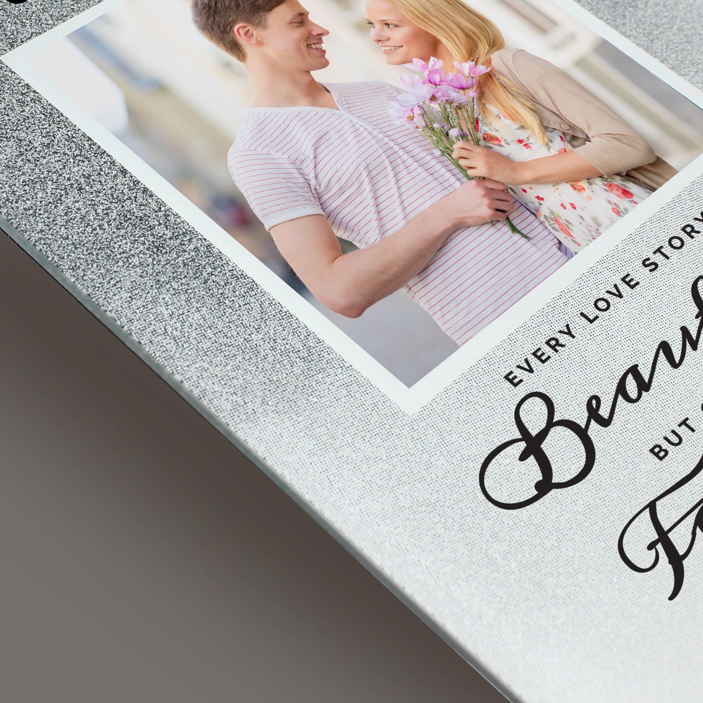 Personalised Every Love Story Is Beautiful 4x4 Glitter Glass Photo Frame