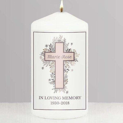 Personalised Floral Cross Pillar Candle - Myhappymoments.co.uk