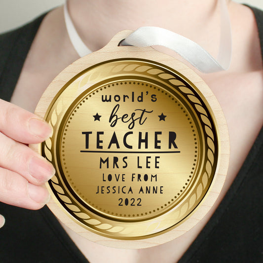 Personalised Worlds Best Teacher Round Wooden Medal