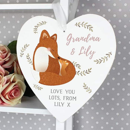 Personalised Mummy and Me Fox 22cm Large Wooden Heart Decoration - Myhappymoments.co.uk