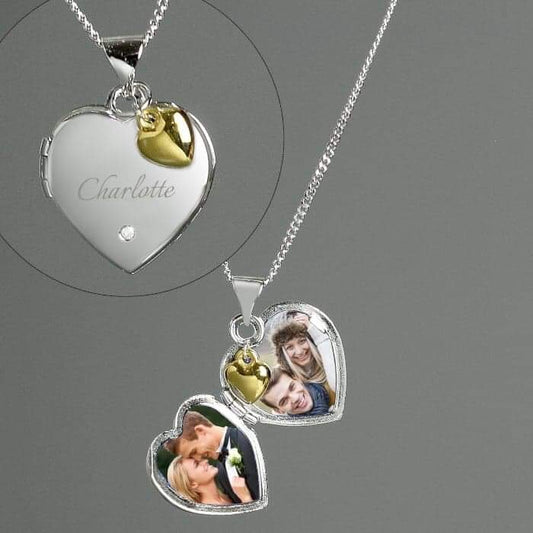 Personalised Sterling Silver Heart Locket Necklace with Diamond and 9ct Gold Charm - Myhappymoments.co.uk