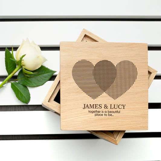 Personalised Heart Venn Diagram Oak Photo Cube