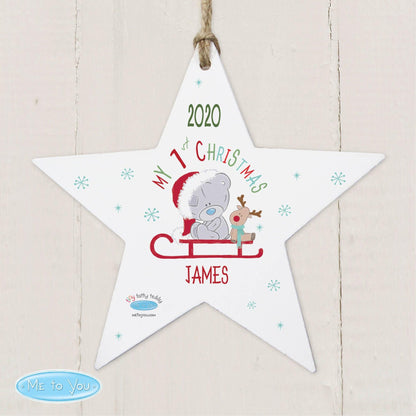 Personalised Tiny Tatty Teddy My 1st Christmas Sleigh Wooden Star Decoration