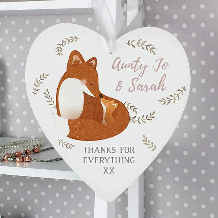 Personalised Mummy and Me Fox 22cm Large Wooden Heart Decoration - Myhappymoments.co.uk