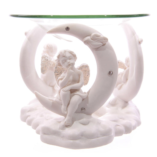 Cute Cherub in Moon White Oil Burner with Glass Dish