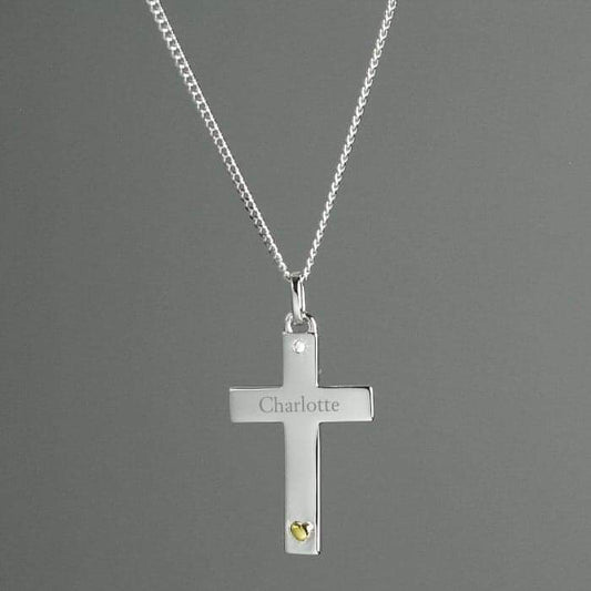 Personalised Sterling Silver Cross with 9ct Gold Heart & CZ Necklace - Myhappymoments.co.uk