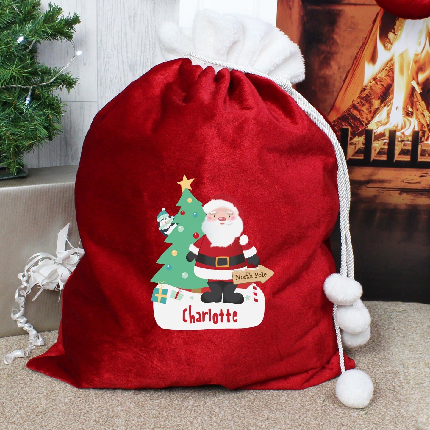 Personalised Santa Luxury Pom Pom Red Sack