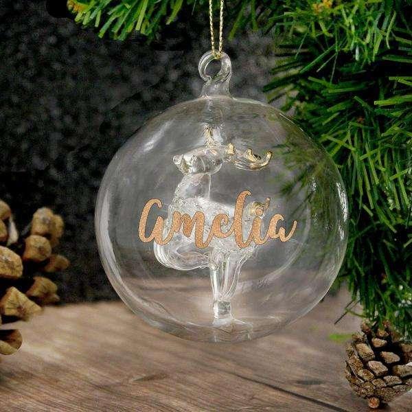 Personalised Gold Glitter Name Only Reindeer Glass Bauble - Myhappymoments.co.uk