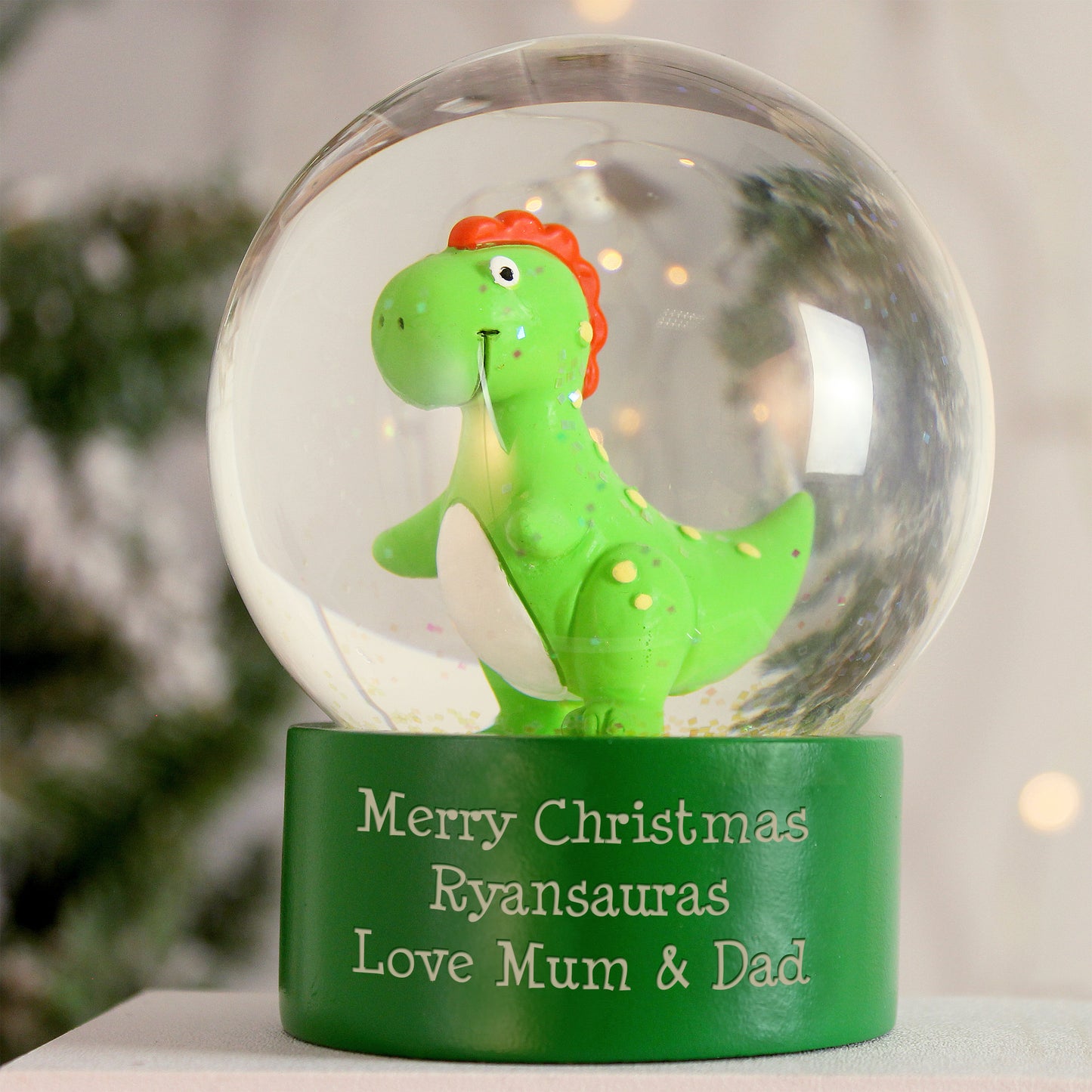 Personalised Message Dinosaur Glitter Snow Globe