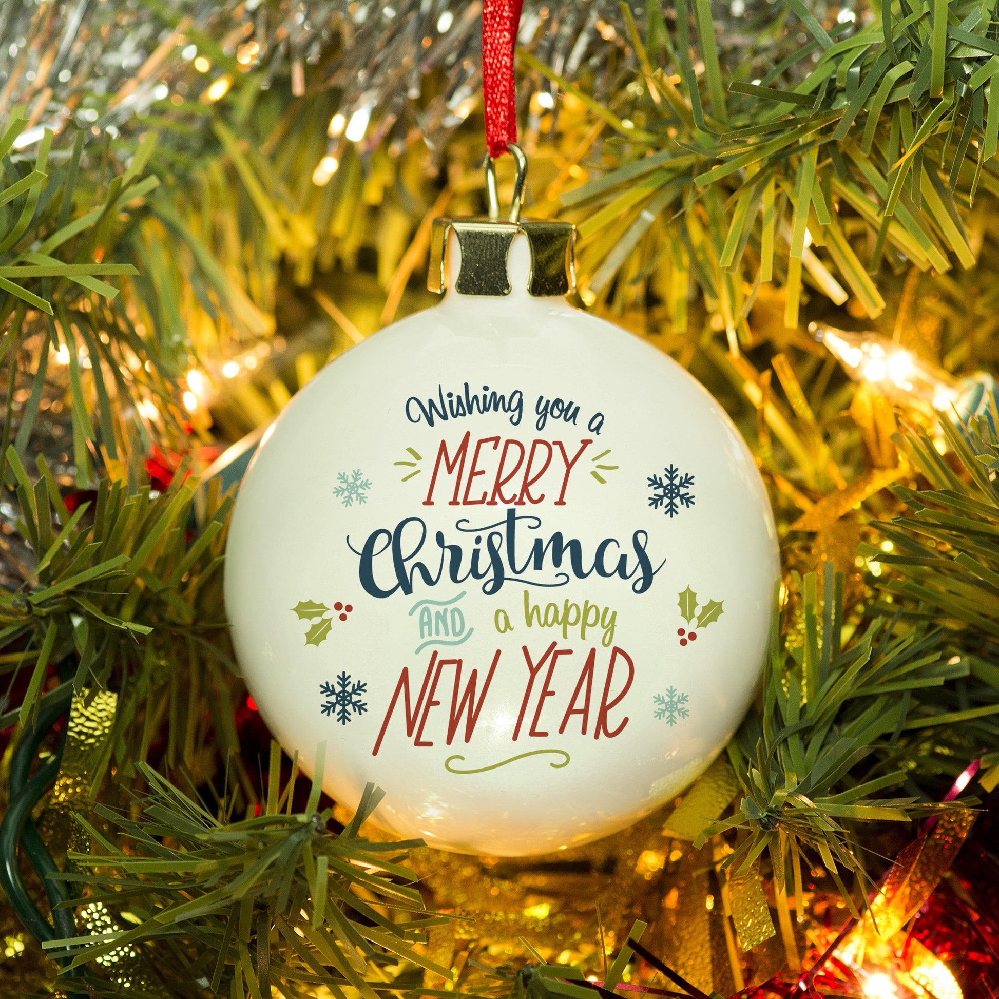 Personalised Wishing You A Merry Christmas And A Happy New Year Bauble - Myhappymoments.co.uk