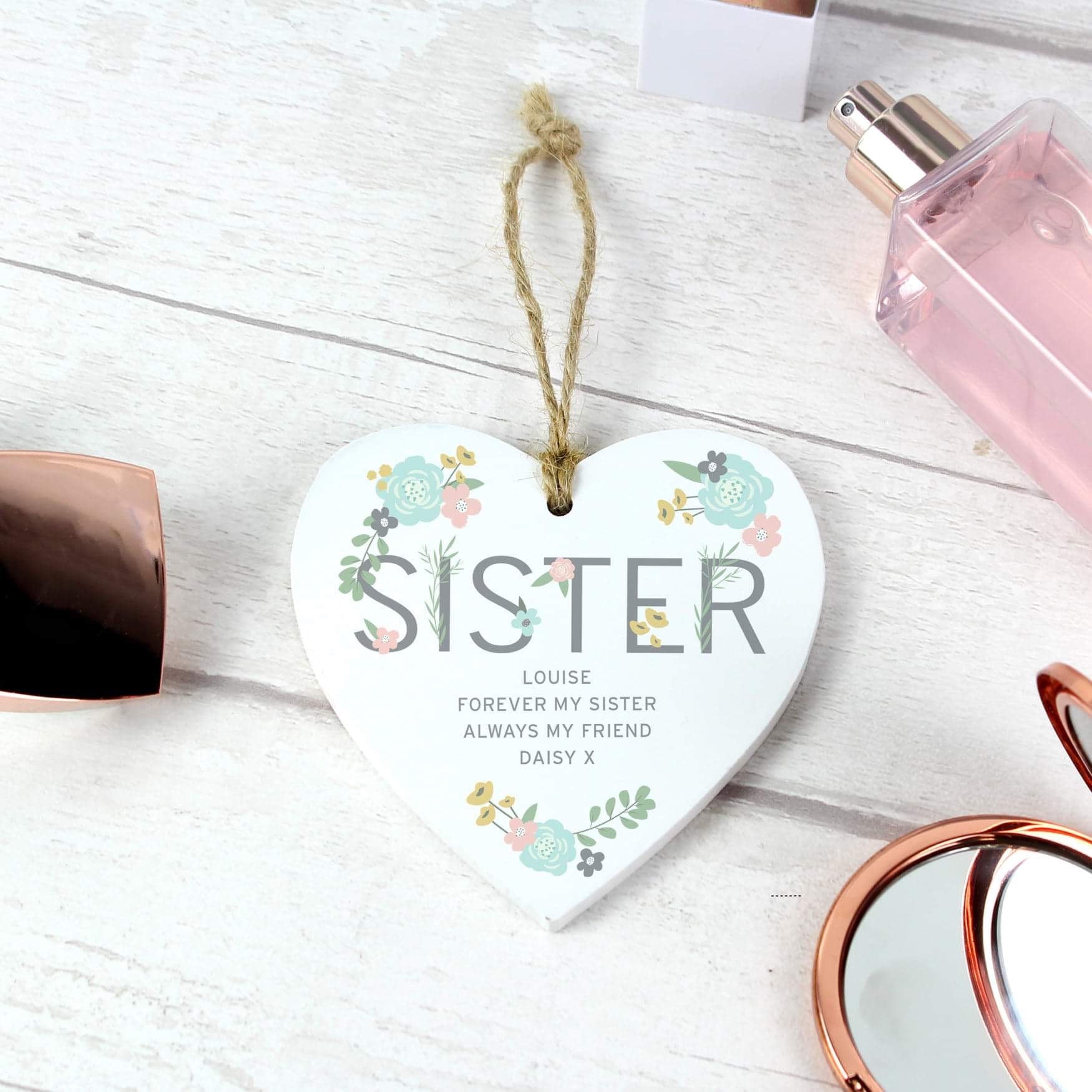 Personalised Sister Floral Wooden Hanging Heart Decoration From Pukkagifts.uk