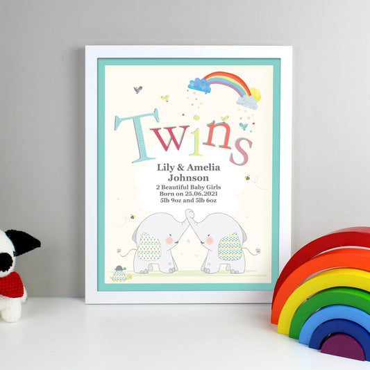 Personalised Hessian Elephant Twins White Framed Print