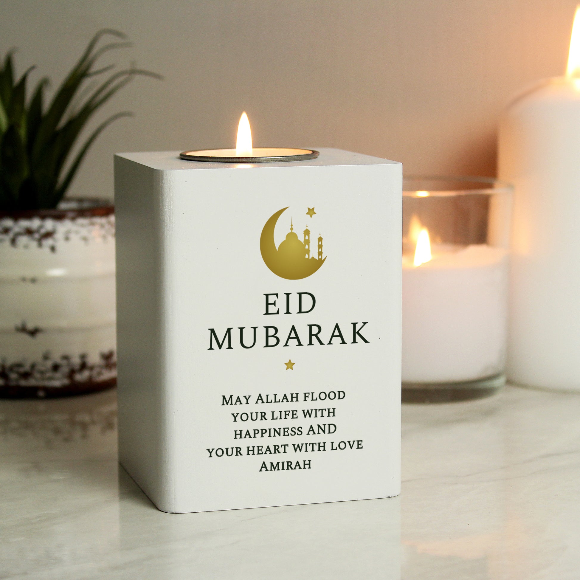 Personalised Eid White Wooden Tea light Holder