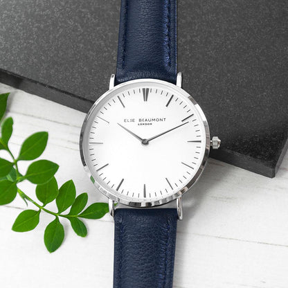 Elie Beaumont Ladies Personalised Leather Watch In Navy & Silver