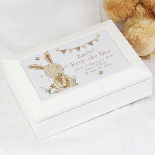 Personalised Hessian Rabbit Wooden White Jewellery Box - Myhappymoments.co.uk