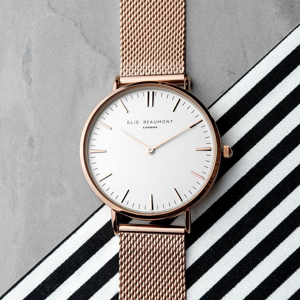 Elie Beaumont Personalised Ladies Rose Gold Mesh Strapped Watch With White Dial