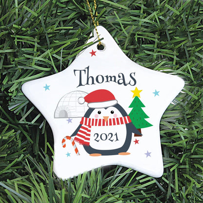 Personalised Christmas Penguin Ceramic Star Decoration