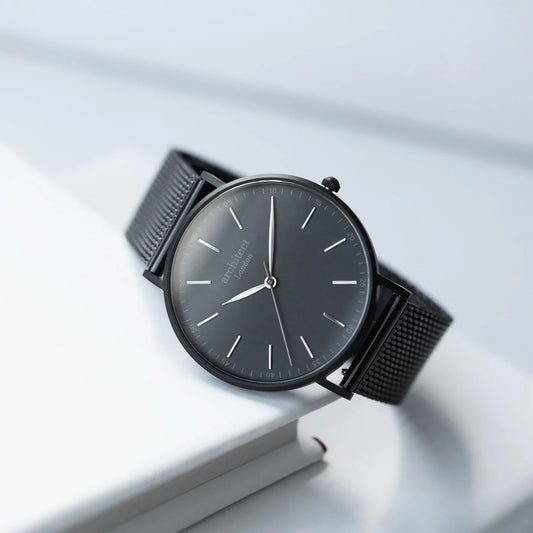 Personalised Men's Architect Minimalist Watch With Pitch Black Mesh Strap