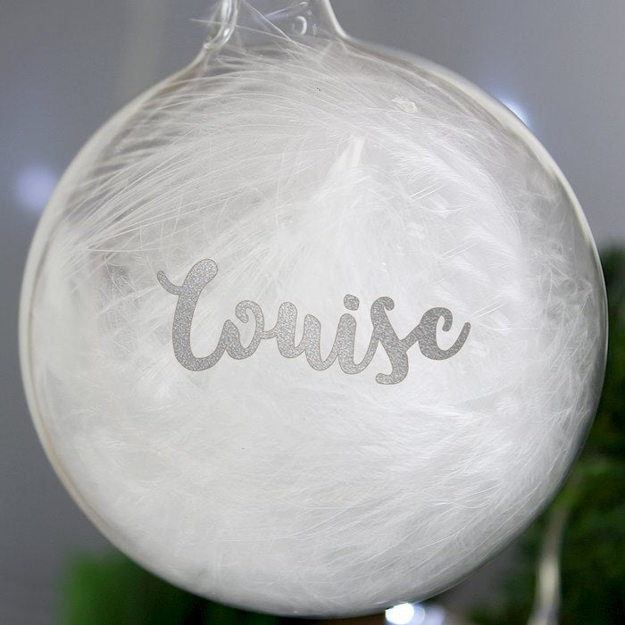 Personalised Silver Glitter Name Only Feather Glass Bauble