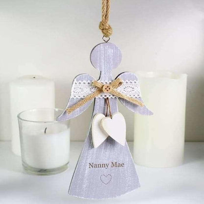 Personalised Hearts Wooden Angel Christmas Tree Decoration - Myhappymoments.co.uk