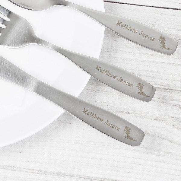 Personalised 3 Piece Dinosaur Childrens Cutlery Set - Myhappymoments.co.uk