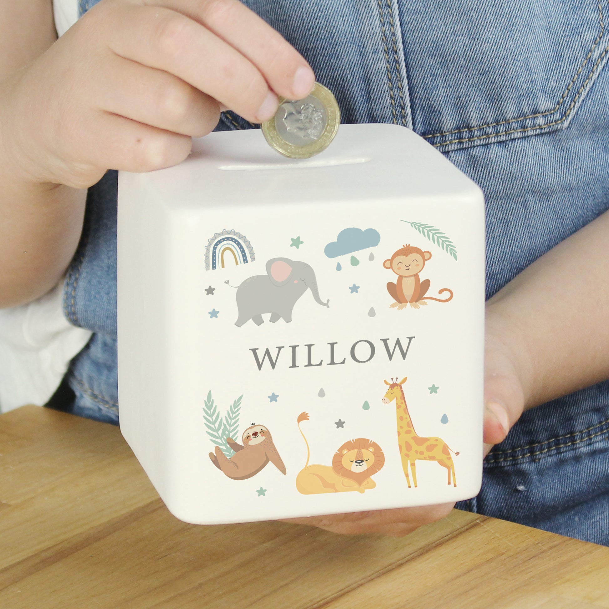 Personalised Safari Animals Ceramic Square Money Box