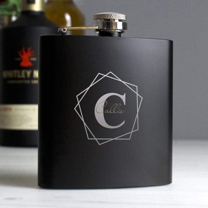 Personalised Geometric Initial Black Hip Flask - Myhappymoments.co.uk