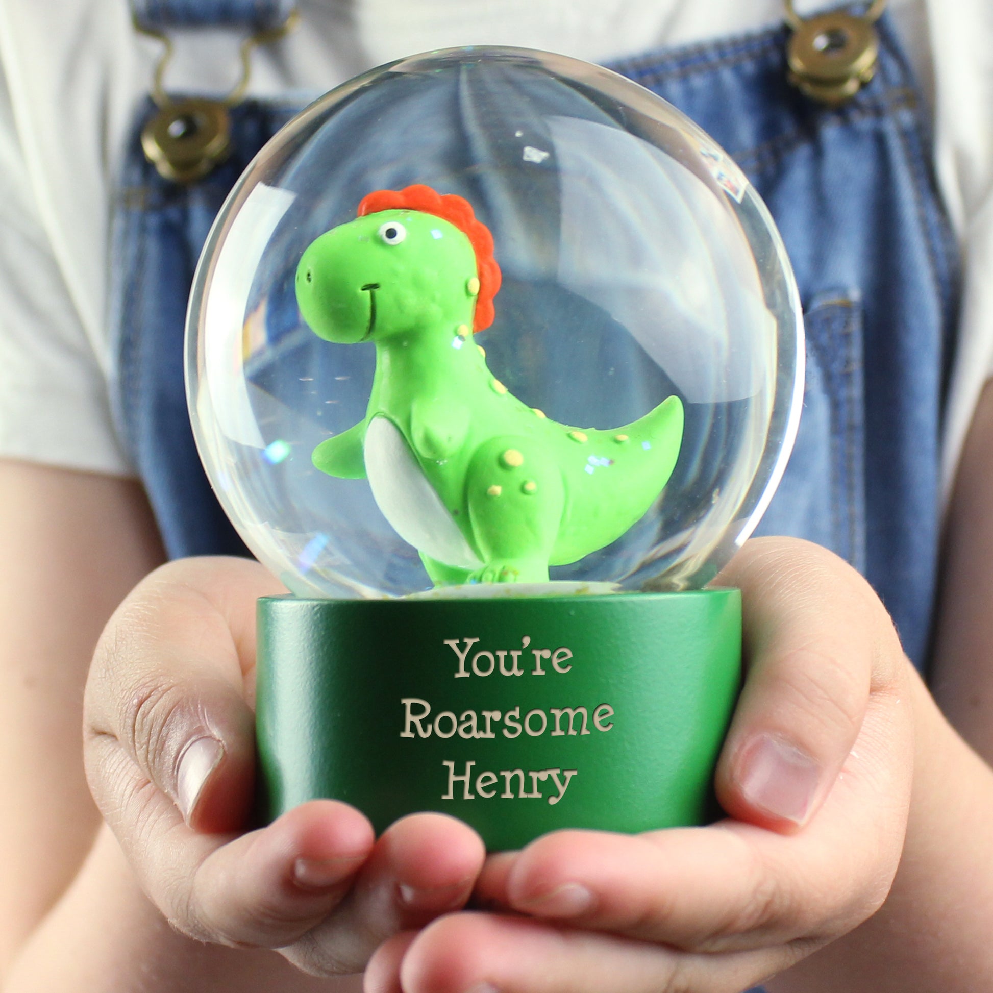 Personalised Message Dinosaur Glitter Snow Globe