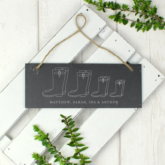 Personalised Welly Boot Family of Four Hanging Slate Sign