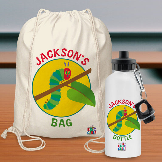 Personalised Very Hungry Caterpillar Drawstring Bag & Drinks Bottle Set