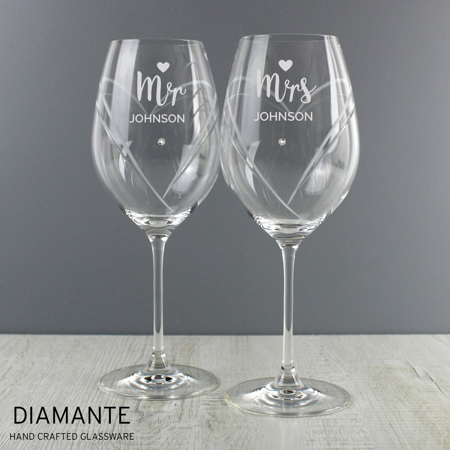 Personalised Mr & Mrs Hand Cut Heart Pattern Pair of Wine Glasses