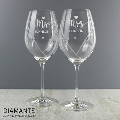 Personalised Mr & Mrs Hand Cut Heart Pattern Pair of Wine Glasses