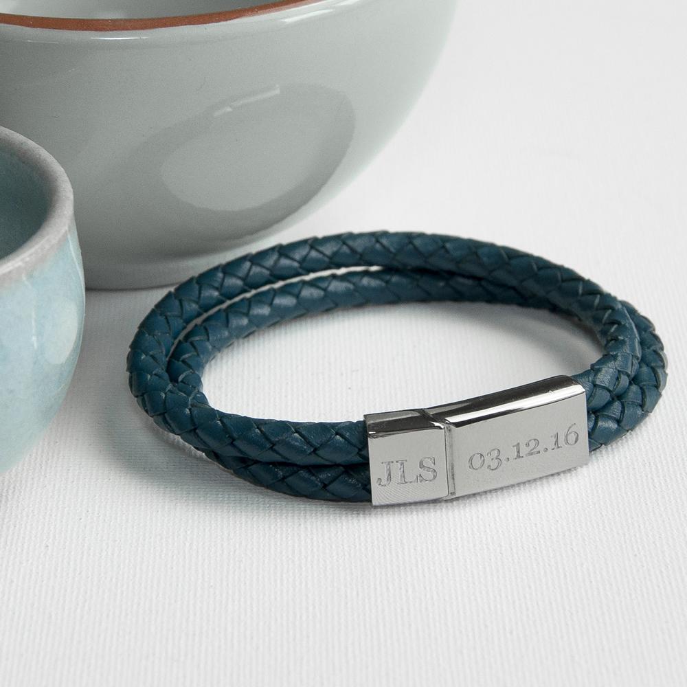 Personalised Men's Dual Leather Woven Bracelet in Teal