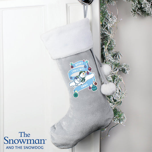 Personalised The Snowman and the Snowdog Luxury Silver Grey Christmas Stocking