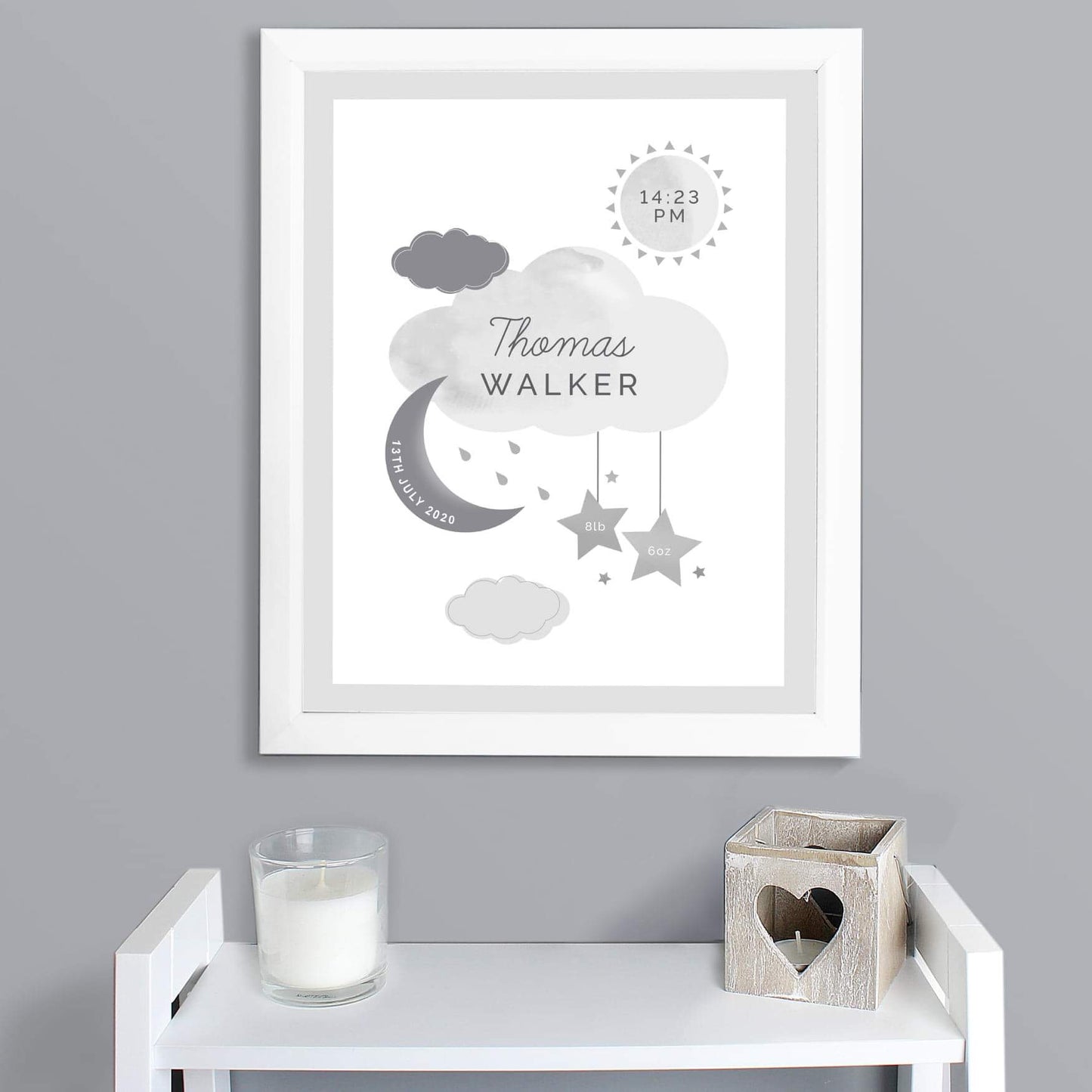 Personalised New Baby Moon & Stars White Framed Nursery Print - Myhappymoments.co.uk