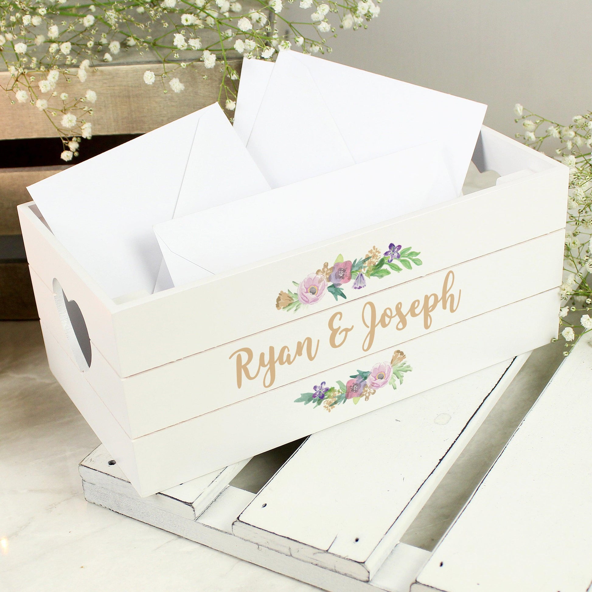 Personalised Floral White Wooden Crate