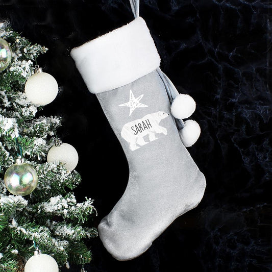 Personalised Polar Bear Luxury Silver Grey Christmas Stocking