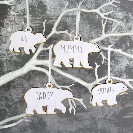 Personalised Set of Four Polar Bear Family Wooden Hanging Christmas Decorations