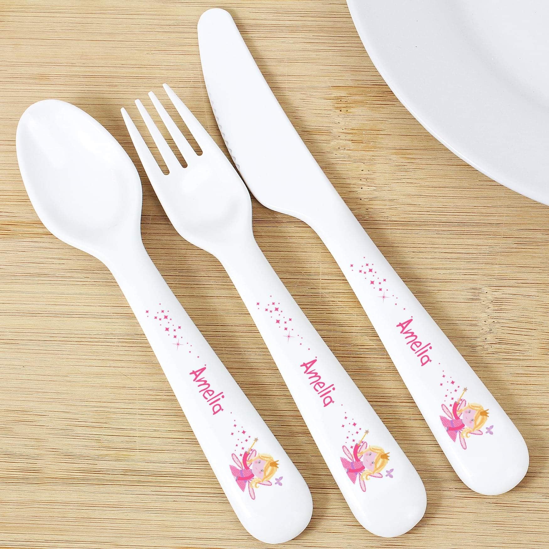 Personalised Garden Fairy 3 Piece Plastic Cutlery Set - Myhappymoments.co.uk