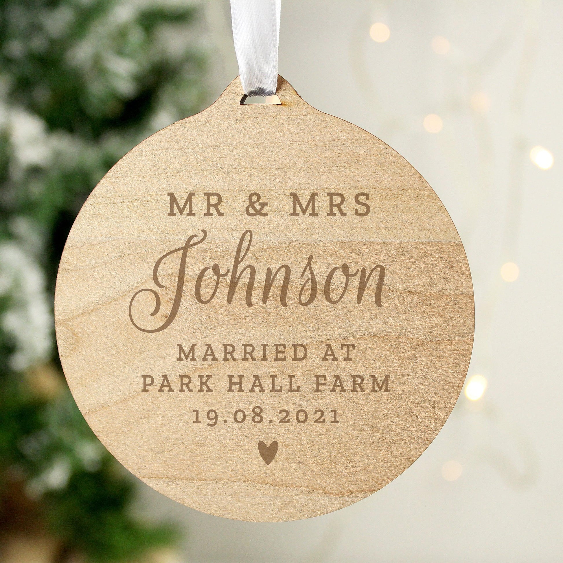 Personalised Mr & Mrs Round Wooden Christmas Decoration