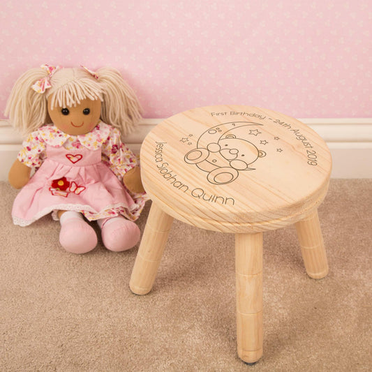 Personalised Children’s Laser Engraved Baby Bear and Moon Wooden Stool