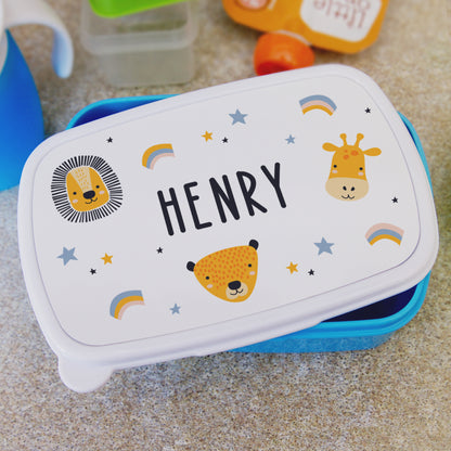 Personalised Safari Animals Blue Lunch Box