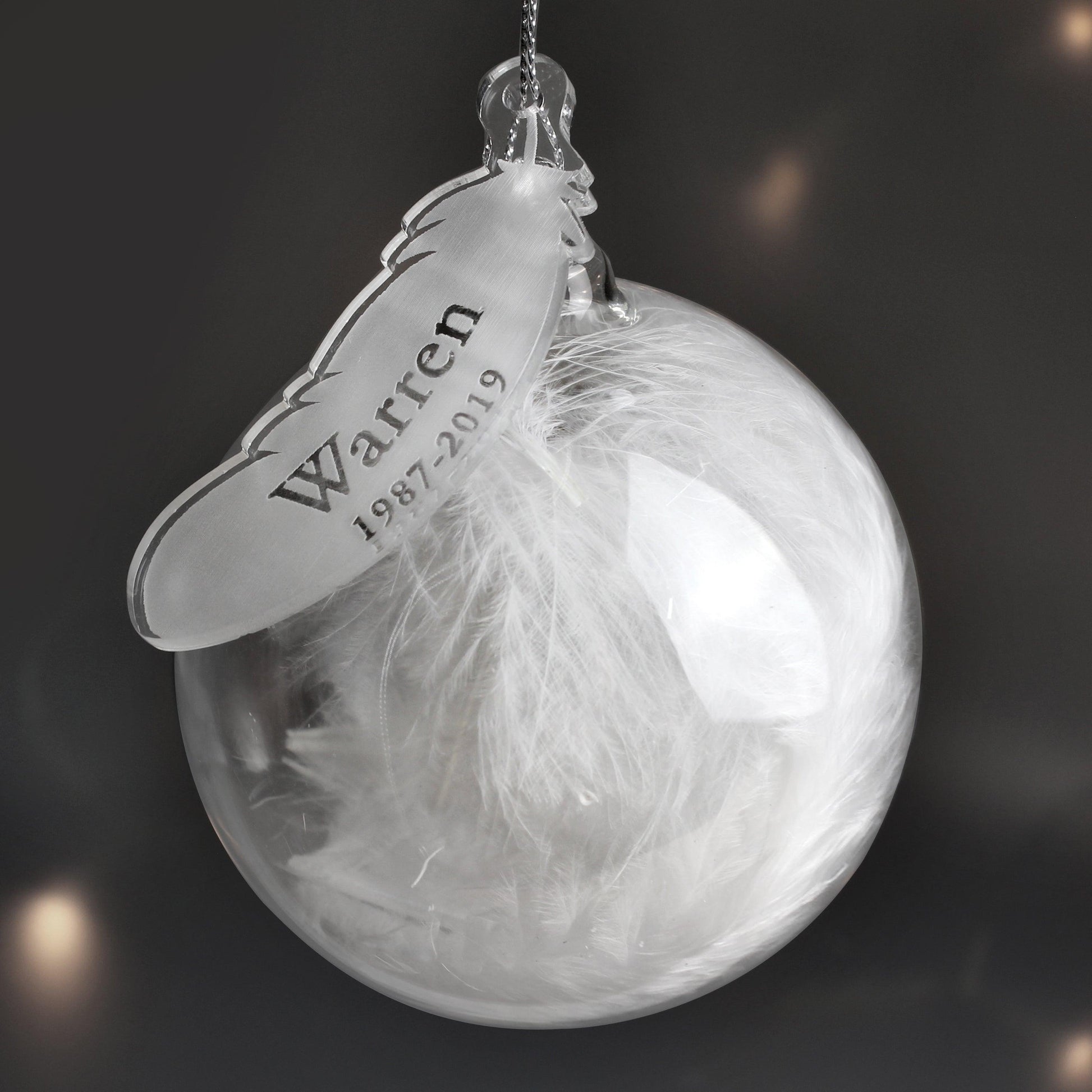 Personalised Name & Date White Feather Glass Bauble